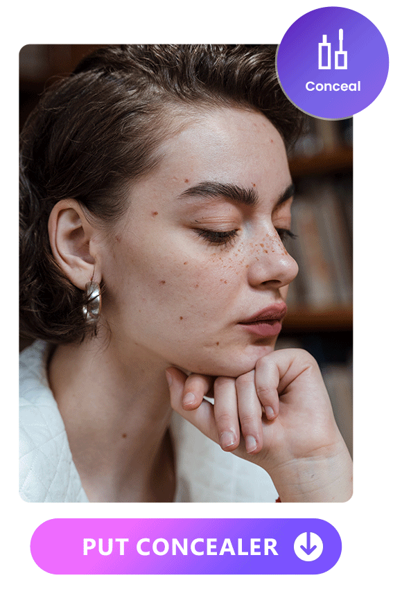 put on concealer to a woman's photo to cover blemishes and freckle with Vivid Glam